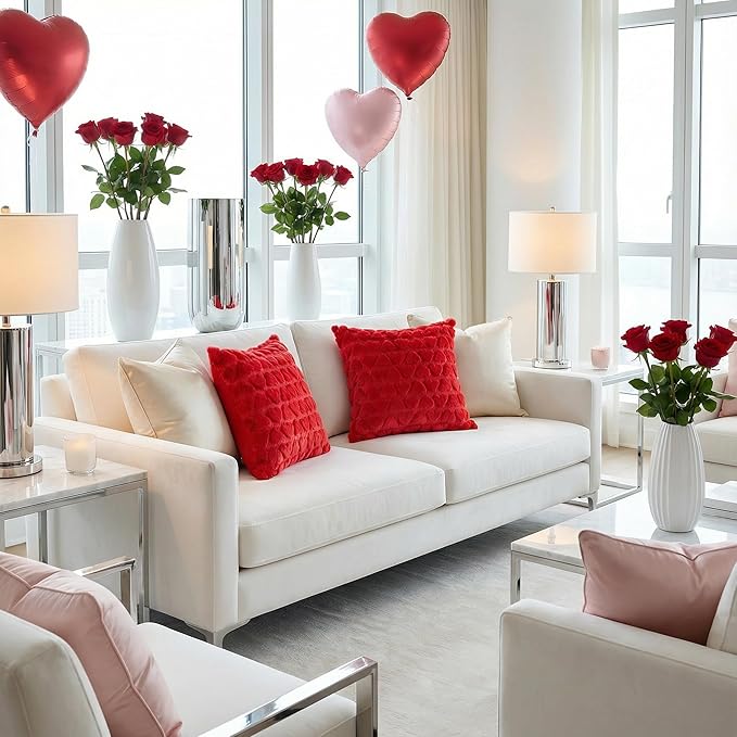 Valentine Pillow Covers 18x18 Set of 2, Valentine Decorations Indoor Love Heart Soft Plush Faux Fur Throw Pillow Covers for Bedroom Red Pillowcase Living Room Sofa Holiday Home Decor