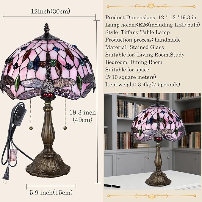 Tiffany Table Lamp, Pink Dragonfly Stained Glass Lamp,12 Inch Tiffany Style Lamp for Bedroom Living Room Home, Handcrafted Light, Included Bulb