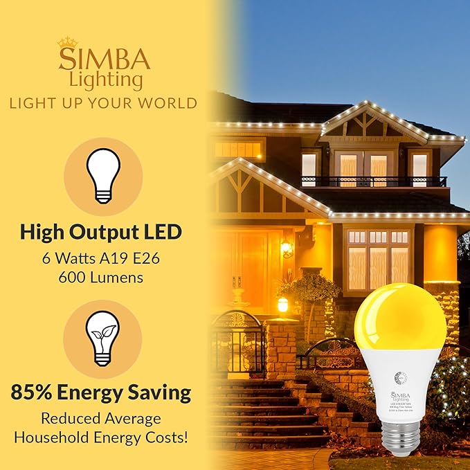 Simba Lighting Bug Non-Attracting Yellow LED Bulb 6W 40W Equivalent (2 Pack), Great for Outdoor Porch Light, Night Light, Dusk-to-Dawn Smart Sensor Auto On/Off, Amber Warm Light, A19 E26 Medium Base