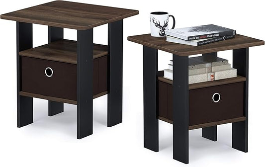 Furinno Andrey Set of 2 End Table / Side Table / Night Stand / Bedside Table with Bin Drawer, Columbia Walnut/Dark Brown