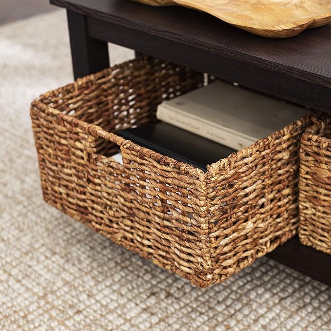 Walker Edison Alayna Mission Style Two Tier Coffee Table with Rattan Storage Baskets, 40 Inch, Espresso