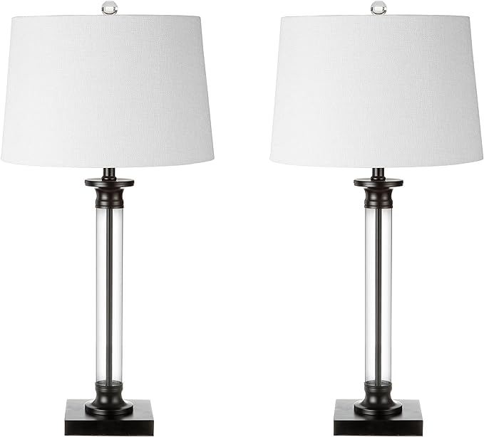 JONATHAN Y 30" Black/Clear Glass and Metal Column Table Lamp Set of 2 for Living Room Bedroom, Traditional Iron Base with White Linen Drum Shade, LED Bulbs Included JYL1008A-SET2