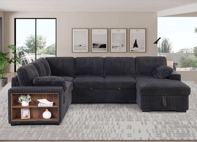 ERYE Oversized U-Shaped Pull Out Sleeper Couch Bed, Modern U Shaped Sleeper Sectional Sofa Corduroy Corner Convertible Sofa Bed with Storage Chaise Lounge and Cabinet