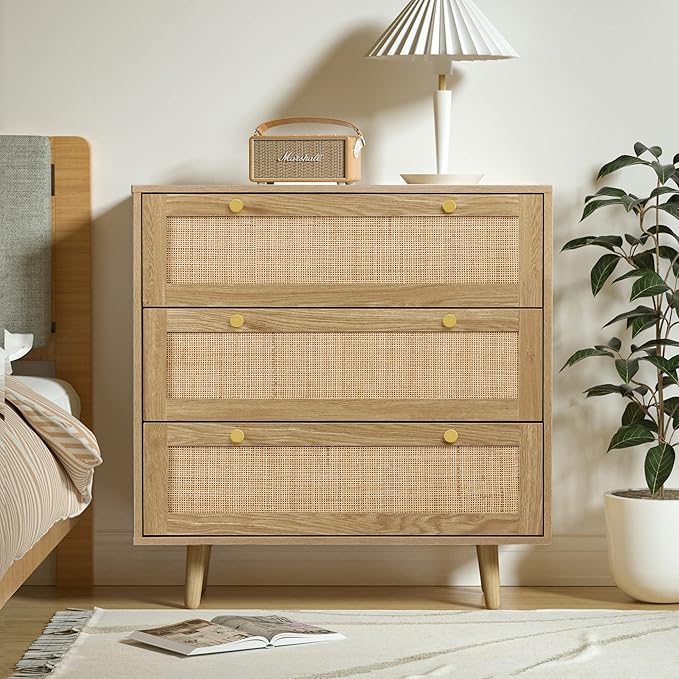 Anmytek 2pcs 3 Drawer Rattan Dresser, Modern Wooden Chest with Golden Handles, Storage Organizers for Bedroom, Living Room, Hallway