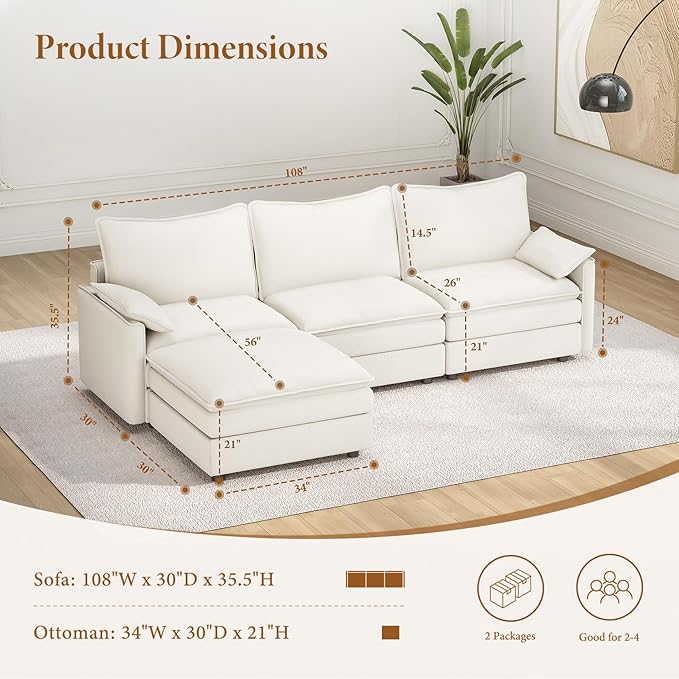 Vesgantti 108" Modular Sectional Sofa, Comfy Cloud Couch with Movable Ottoman Deep Seat Chenille L Shaped Modular Sofa, Sectional Couches for Living Room, Bedroom and Apartment, Snow White | Sink-in Comfort, Height Adjustable, Easy Rearrangement, Extra...