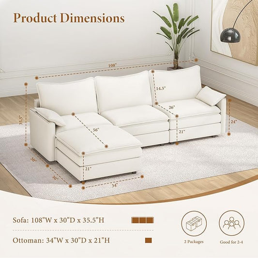 Vesgantti 108" Modular Sectional Sofa, Comfy Cloud Couch with Movable Ottoman Deep Seat Chenille L Shaped Modular Sofa, Sectional Couches for Living Room, Bedroom and Apartment, Snow White | Sink-in Comfort, Height Adjustable, Easy Rearrangement, Extra...