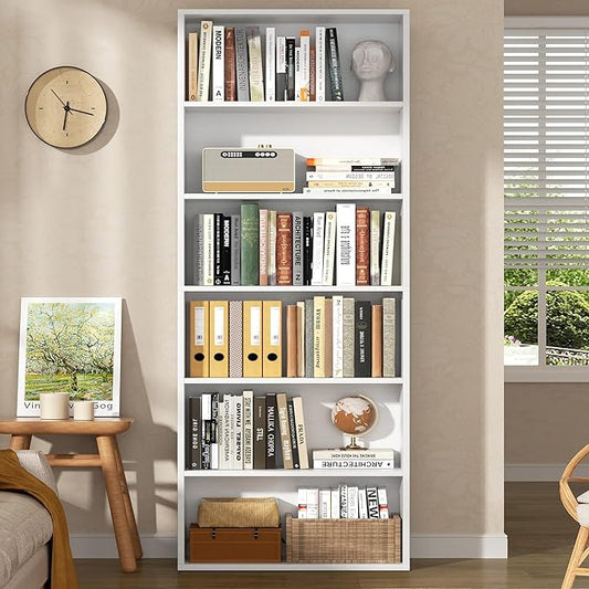 Shintenchi Bookshelf,6-Tier Open Bookcase and Bookshelves,6 Shelf Display Storage Shelves Floor Standing 70.6 inches Tall Bookcase for Home Office, Living Room (White)