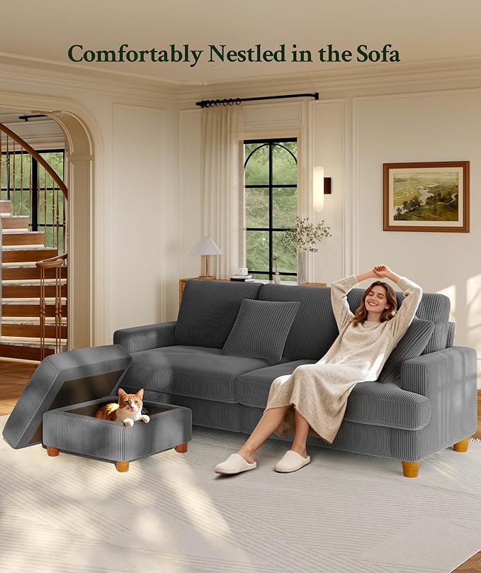 Welzona 87.2" Couches for Living Room, Comfy Grey Couch 7.5" Extra Thick Cushion, Sofas for Living Room Tool-Free Setup, Loveseat Sofa 848lbs Support, Corduroy Couch for Bedroom, Apartment, Office