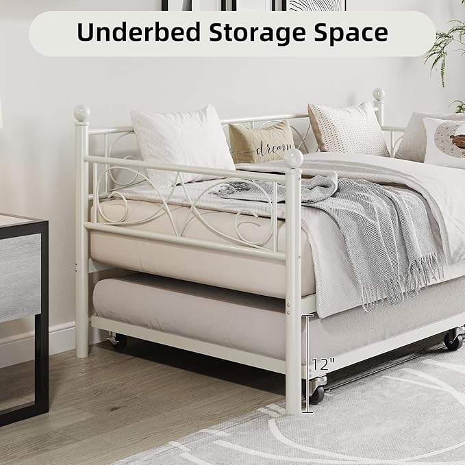 IDEALHOUSE Twin Daybed with Trundle, Metal Trundle Bed, Sofa Bed Frame, Heavy Duty Metal Slats, for Living Room, Bedroom, Guest Room, Space Saving, Modern White