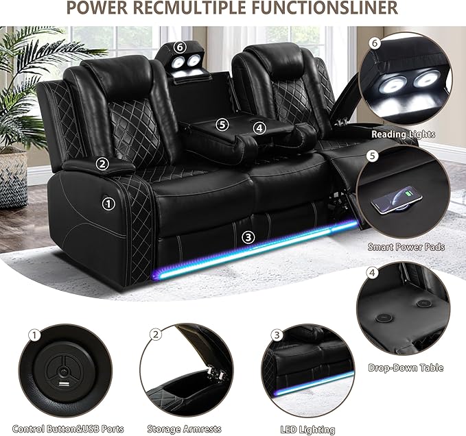 Power Recliner Sofa Set for Living Room, Breathing Leather Reclining Sofa Set with LED/USB Port/Cup Holders/Storage, 3 Piece Living Room Furniture Home Theater Seating Couches (Black)