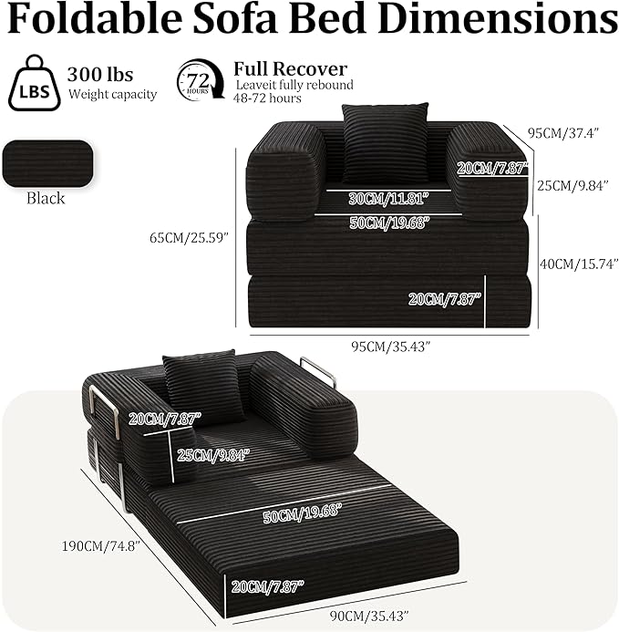 BSHOMGI Folding Sofa Bed, 2 in 1 Convertible Sofas Lounger Comfy Single Chair Teddy Fabric Compressed Couch,Boneless FoldingSleeper for Living Room, Guest Bed, Playroom (Black, 35.43" Single Sofa)