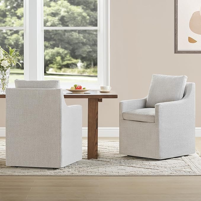 Upholstered Dining Chairs Set of 2, Modern Dining Room Chairs with Casters & Washable Cover, Rolling Accent Chair with Comfy Backrest for Kitchen, Farmhouse, Living Room, Cream Beige, 2 Box