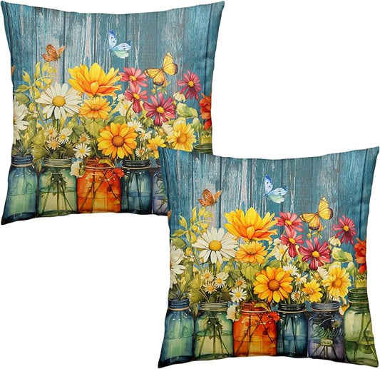 Daisy Vase Pillow Covers 18x18 Set of 2 Rustic Floral Sunflower Wood Board Decorative Throw Pillow Cases Spring Summer Vintage Flowers Outdoor Pillowcase for Farmhouse Couch Sofa Decor