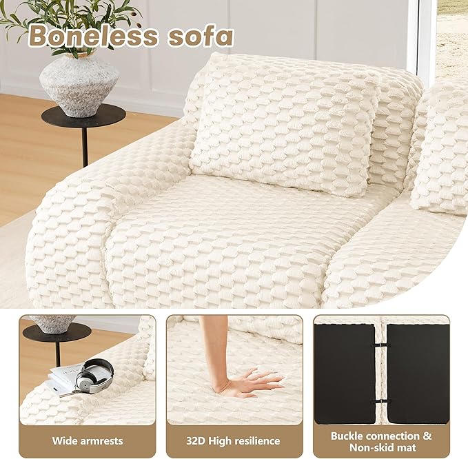 KEIKI 114" Oversized 3-Seater Boneless Couches for Living Room, Space Friendly Modular Sectional Velvet Sofa, Deep Seat Soft Lounge Couch No Assembly for Apartment Setup, Modern Comfort Design, Cream