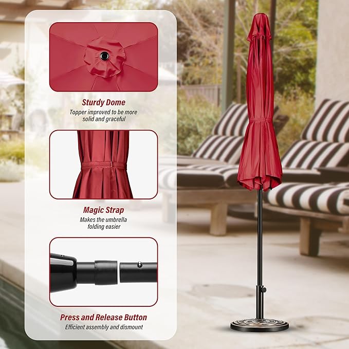 Simple Deluxe 10FT Outdoor Patio Umbrella Table Market Umbrella with Push Button Tilt and Crank, 8 Sturdy Ribs, UV Protection Waterproof for Garden, Lawn, Deck, Backyard, Pool, Red