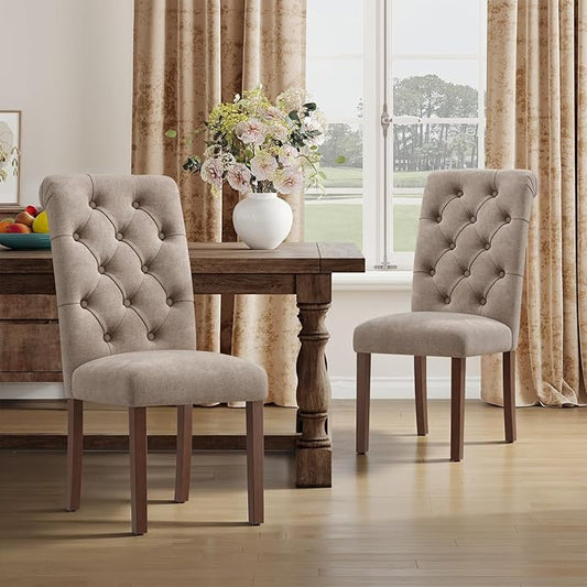 Upholstered Tufted Dining Room Chairs Set of 2, Parsons Kitchen Chairs with Padded Seat and Solid Wood Legs, Fabric Accent Side Diner Chair for Dining Room/Kitchen/Living Room, Camel