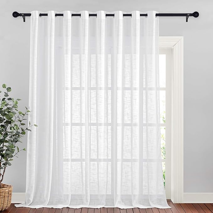 NICETWON Linen Sheer Patio Curtain Extra Long & Wide W120 x L95, Grommet Semi Sheer Privacy with Light Filter Linen Blend Texture for Sliding Glass Door/Living Room, White, 1 Panel