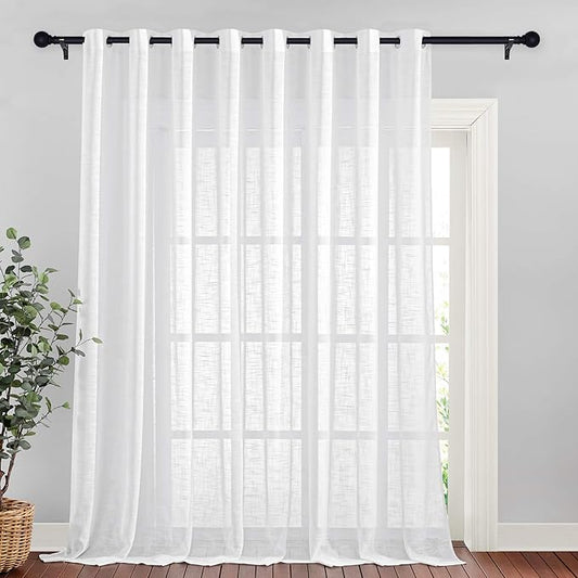 NICETWON Linen Sheer Patio Curtain Extra Long & Wide W120 x L95, Grommet Semi Sheer Privacy with Light Filter Linen Blend Texture for Sliding Glass Door/Living Room, White, 1 Panel