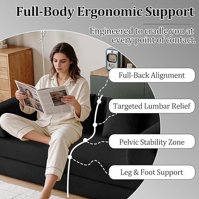 79'' Convertible Compressed Corduroy Folding Cloud Sofa Bed, 5 in 1 Modern Modular Boneless Pull Out Loveseat Sleeper in a Box, No Assembly Floor Mattress Futon Couch for Home, Black, Pillows, King