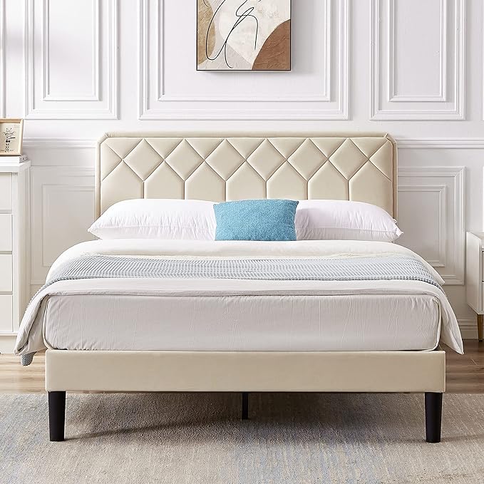 VECELO Full Size Bed Frame Premium Velvet Upholstered Platform with Height Adjustable Headboard/Mattress Foundation, Solid Wooden Slat Support, No Box Spring Needed/Easy Assembly