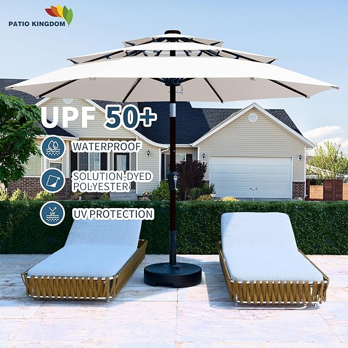 PatioKingdom 9ft 3-Tier Patio Market Umbrella with Crank/Tilt, Commercial Heavy Duty Wind Proof,Outdoor Table Umbrella with 8 Fiberglass Ribs,UPF50+ for Deck,Pool,Garden,Backyard (Creamy-white)