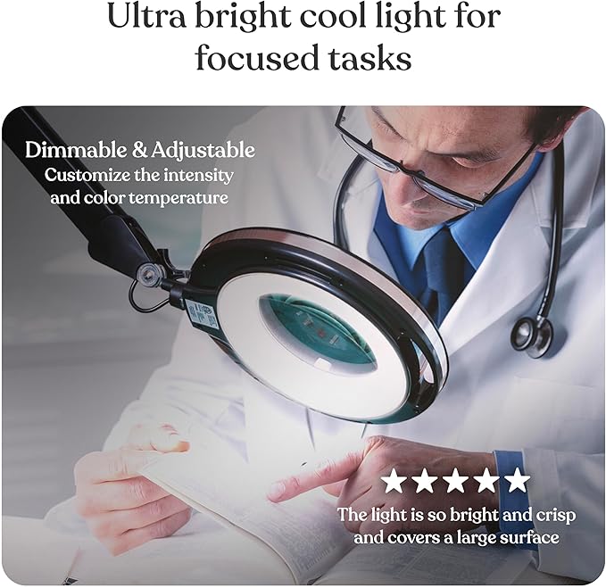 Brightech Lightview Pro Magnifying Glass with Stand & Light, Magnifying Floor Lamp with 6-Wheel Rolling Base for Facials & Lashes – Dimmable LED Work Light for Crafts, Sewing, and Projects - 3 Diopter