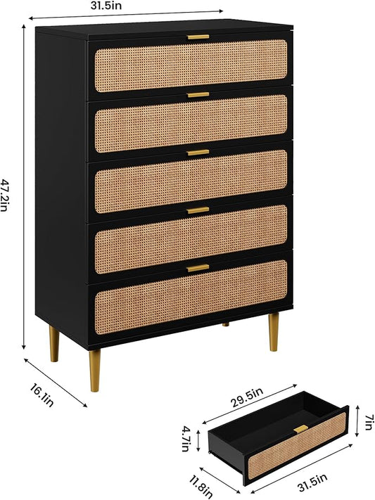 GarveeHome Rattan 5 Drawer Dressers for Bedroom, Tall Dresser with Deep Drawers, Large Chest of Drawers for Closet with Wide Top, Long Wooden Dresser for Living Room, Hallway, Kids Room, Black