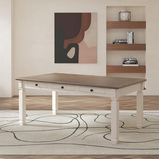 Signature Design by Ashley Bolanburg Farmhouse Rectangular Dining Table, 3 Drawers On Each Side, Seats 6, Wood, 71.88" W x 39.88" D x 31.13" H, Whitewash