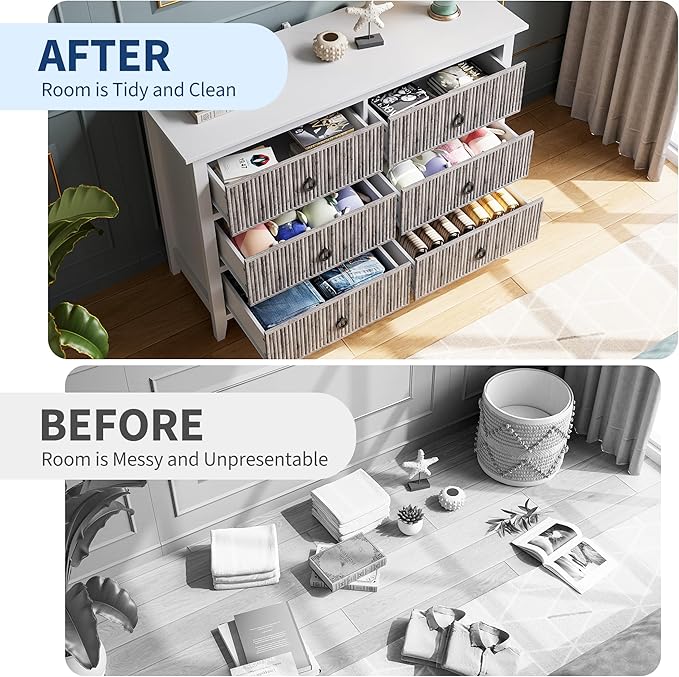 GarveeHome 6 Drawer Dresser for Bedroom, Waveform Fluted Chest with Large Drawer, Wooden Chest of Storage Cabinet, Fluted Dressers for Bedroom Living Room Hallway Closet, Anti-Tipping