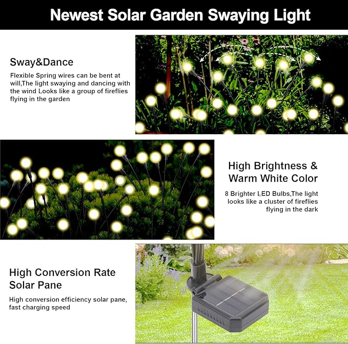 Swaying Solar Firefly Lights Outdoor, 8 Modes 800mAh Firefly Swaying Solar Garden Lights Waterproof for Outside Yard Patio Pathway Christmas Garden Decor Warm White(8 Pack)