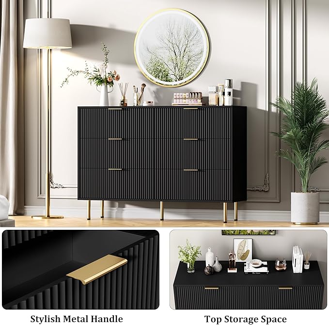 GAOMON 6 Drawer Dresser for Bedroom Chest of Drawers, 47" Wide Fluted Dresser with Drawers, Modern Wooden Double Dressers with Metal Handles for Living Room, Hallway