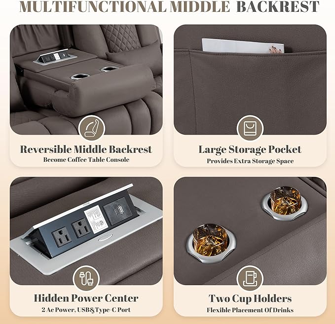 Zero Wall Hugger Power Reclining Sofa with Adjustable Headrest, Electric Reclining Couch with Drop-Down Table,Outlets, Power Loveseat Recliner Sofa for Living Room (PU Brown, 3 Seat) | Cat-Proof Leather