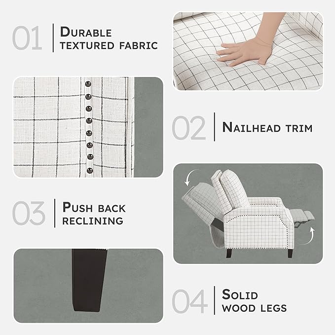 Lexicon Pushback Recliner Chair, Plaid Textured Fabric Armchair Push Back Reclining Chair, Nailhead Trim, Solid Wood Legs, Easy Assembly for Living Room/Office/Apartment, Off-White