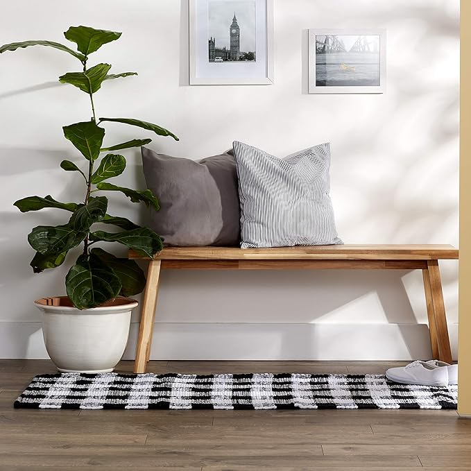 DII Buffalo Check Rug Collection, Hand Dyed Reversible Chindi Rug, Runner 2'3"x6', Black
