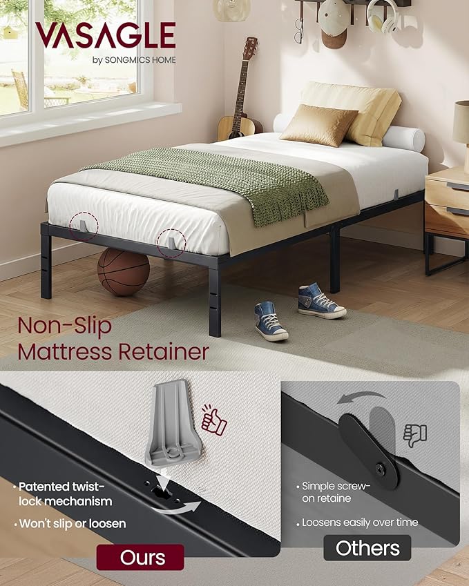 VASAGLE Twin Metal Bed Frame 14 Inches Tall, 550 lb Weight Capacity, No Box Spring Needed, with Under-Bed Storage, Easy Setup, Heavy-Duty Platform Bed, Mattress Retainers, Matte Black URMB653BD02S