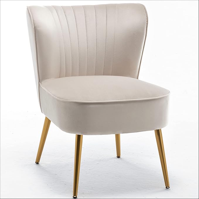 Modern Velvet Accent Chair for Living Room, Bedroom, or Entryway, Stylish and Comfortable Armless Design with Metal Legs, Ivory
