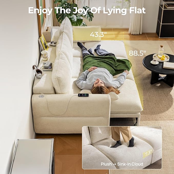 103" Electric Pull Out Sleeper Sofa Bed, 2in1 Convertible Power Extendable Couch Bed with Fast Charging USB&3 Smart Motor&Wide Back, Oversized Couches for Living Room&Small Space, Velvet Beige | Electric Extendable, Stepless Adjustment, Fast-Charging P...