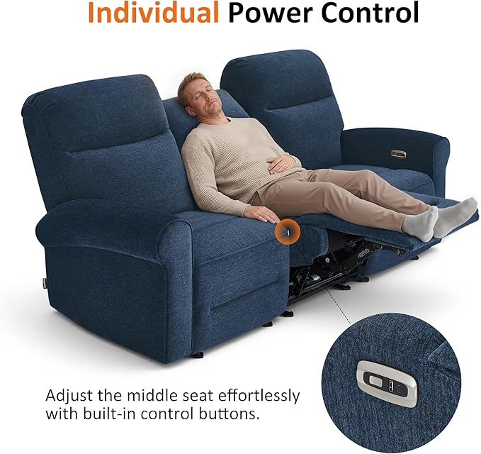 MCombo 87.8" Wall Hugger Power Reclining Sofa, 3-Seat Triple Recliner Couch with USB Ports, Rolled Arm Space Saving Recliner Sofa for Living Rooms Apartments RV, Fabric PR635M5 (Navy Blue) | 1.4" Wall Clearance