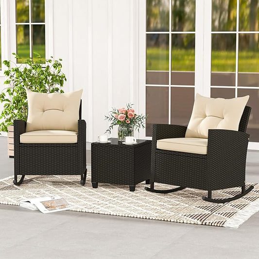 Tangkula 3 Piece Wicker Rocking Set, Patio Rattan Roker Chairs with Tempered Glass Table & Soft Cushions, Outdoor Furniture Set for Backyard, Poolside Porch (Beige)