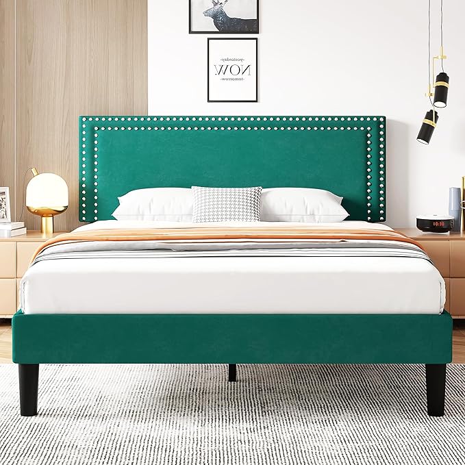 VECELO Full Size Bed Frame with Adjustable Upholstered Headboard, Wooden Slats Platform, Noise-Free Design, Easy Assembly