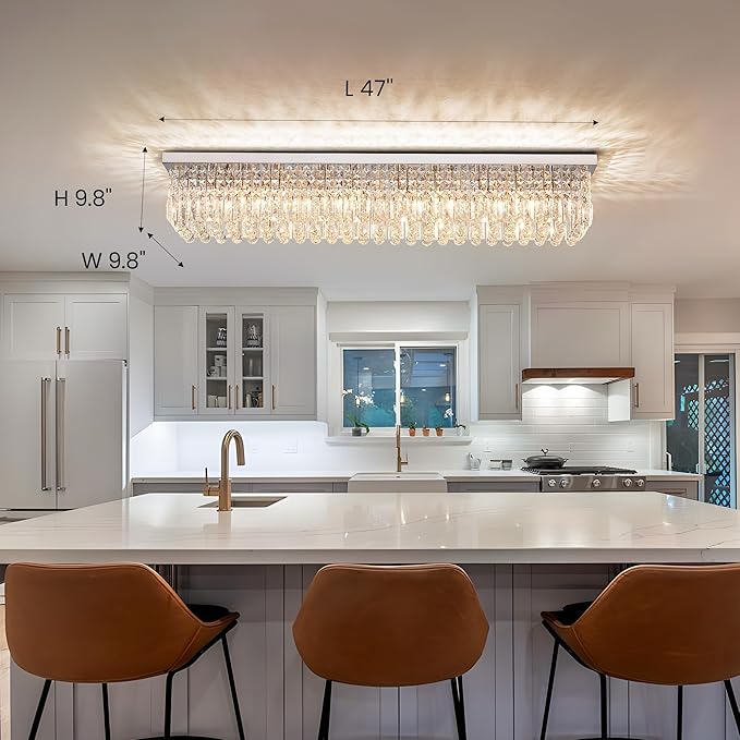 12-Lights Crystal Chandeliers Modern Crystal Rectangular Flush Mount Chandelier with Raindrop Crystals Pendant Light Fixture for Dining Dining Room Kitchen Dining Room Bedroom Bathroom Hotel