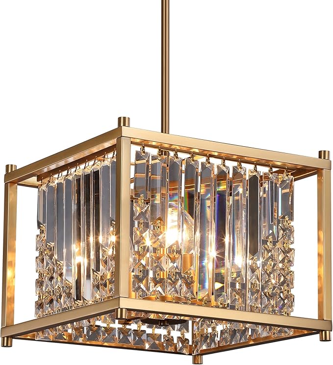 Q&S Gold Chandelier,Modern Industrial Gold Square Crystal Chandeliers 4 Lights Hanging Pendant Light Fixture for Dining Room Hallway Entryway Kitchen Island UL Listed