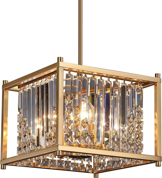 Q&S Gold Chandelier,Modern Industrial Gold Square Crystal Chandeliers 4 Lights Hanging Pendant Light Fixture for Dining Room Hallway Entryway Kitchen Island UL Listed