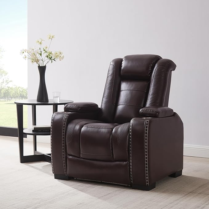 THSUPER Brown Leather Power Theater Recliner Chair with Arm Storage and LED Lights, Reclining with Power Headrest and Cup Holders for Living Room Furniture. Brown Chair