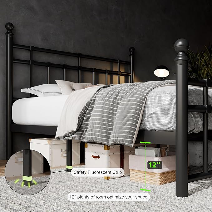 Feonase Full Size Metal Platform Bed Frame with Victorian Classic Iron-Art Headboard & Footboard, Heavy Duty Slats, 12" Under Bed Storage, No Box Spring Needed, Easy Assembly, Noise-Free, Black