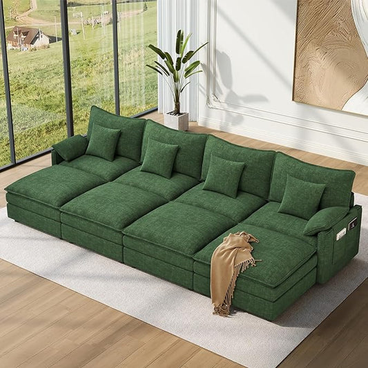 Vesgantti 142" Oversized Sectional Sofa Bed, 8-Seater Modular Sleeper Cloud Couch with Movable Ottoman, Chenille Convertible Sofa Set Deep Seat Couches for Living Room, Bedroom and Apartment, Green | Sink-in Comfort, Height Adjustable, Easy Rearrangeme...