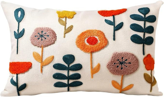 Embroidered Lumbar Pillow Cover - 20x12 Decorative Pillow Cover with Zipper Aesthetic Cute Design Boho Spring Summer Cozy Throw Pillowcase for Living Room Couch Sofa Bed, Plants