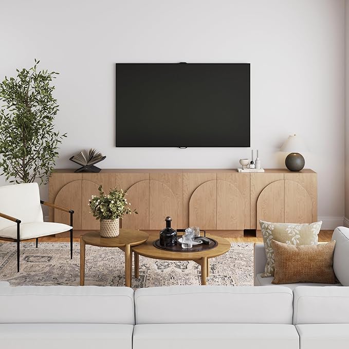 Nathan James Iris Mid-Century Modern Credenza, Brown TV Stand, Living Room Wood Storage Cabinet with Arched Cabinet Doors, Raw Oak, Set of 4
