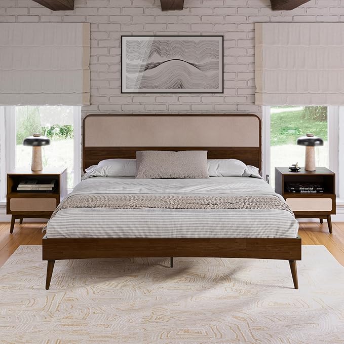 Bme Solid Wood Calista King Bed Frame – Chestnut Finish Platform Bed with Upholstered Headboard, Mid-Century Modern Style with Sturdy Slats & Tapered Legs, No Box Spring Needed