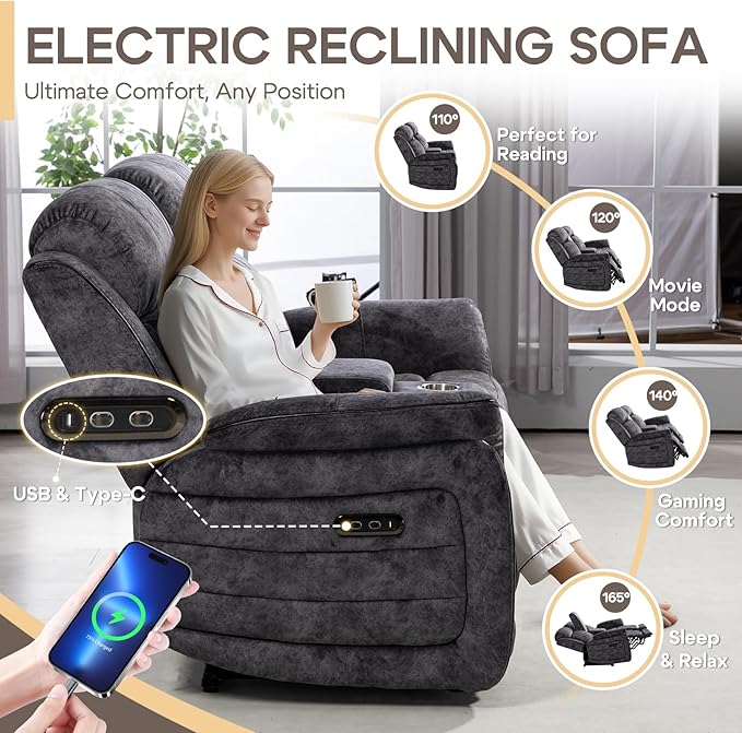 Zero Gravity Power Reclining Loveseat Sofa with Adjustable Headrests, Power Loveseat Recliner with Console, Electric 2-Seater Recliner Couch with Charging Port for Living Room (Velvet, Grey)